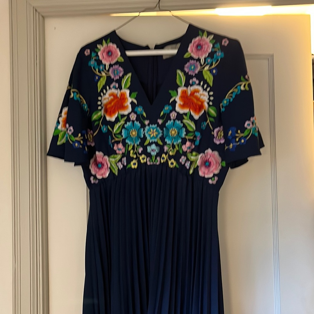 Navy blue pleated maternity dress